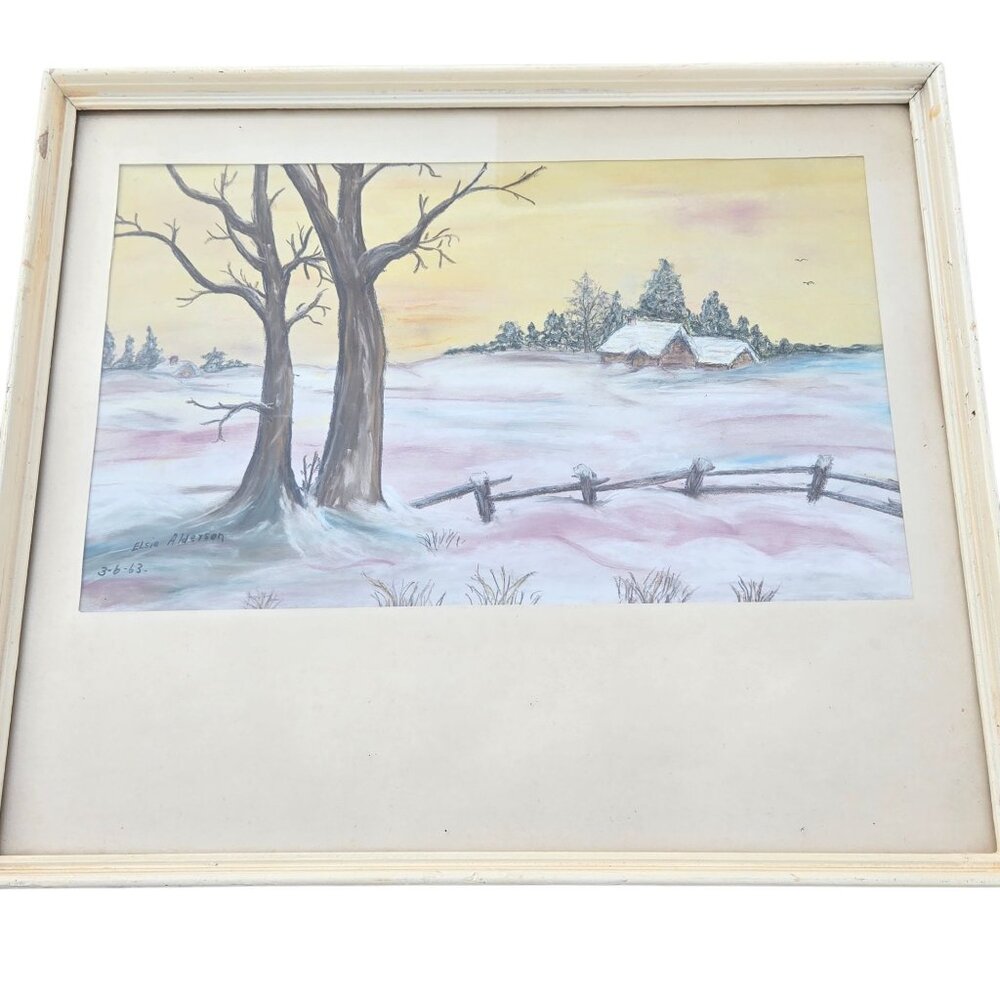 Vintage Winter Landscape Painting Signed Wall Art 1963 Framed Snow Cabin